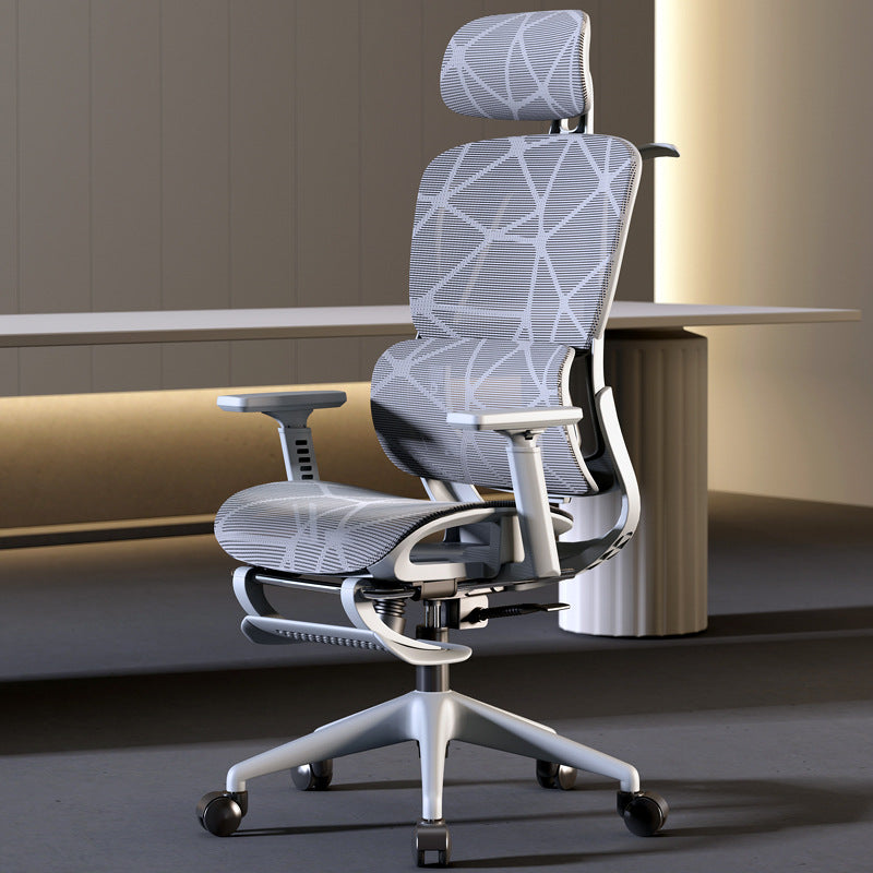 Ergonomic office chair with adjustable headrest, lumbar support, and seat cushion. Features a mesh backrest, retractable footrest, and 140-degree recline for office and gaming use.